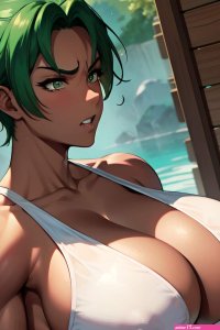 Anime Muscular Huge Boobs 30s Age Angry Face Green Hair Pixie Hair Style Dark Skin Soft Anime Sauna Front View Eating Fishnet 3687720770163899603