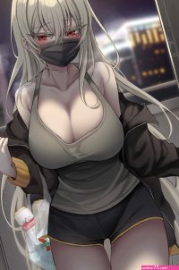 big boobs thighs red eyes cleavage long hair boobs anime girls face mask shorts tank top jacket mask short shorts blushing