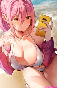 K pring cleavage big boobs pink hair ponytail long hair standing anime anime girls digital art artwork 2D portrait display bikini open jacket beach smartphone brown eyes blushing