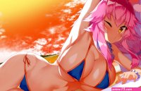 big boobs pink hair lying on side armpits bikini FateGrand Order Tamamo no Mae fategrand order Fate series anime girls animal ears artwork Yuruto beach micro bikini