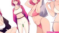 thighs big boobs boobs belly pink hair Mikoto Akemi anime anime girls simple background thigh-highs swimwear pink swimsuit bikini sports bra yoga pants underwear bra