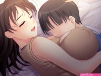 zundarepon 1boy 1girl age difference bed between breasts breast smother breasts closed eyes covered erect nipples face to breasts hug huge breasts large breasts open mouth shota smile