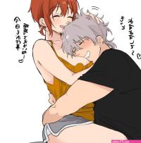 akito d30n26 nagi akito original absurdres highres 1boy 1girl blush breast pillow breast smother breasts closed eyes face to breasts grey hair hug large breasts open mouth saliva short hair smother white