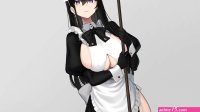 Wallpaper : anime girls big boobs cleavage maid outfit thigh highs white stockings no bra simple background Hayabusa artist 2560x1440