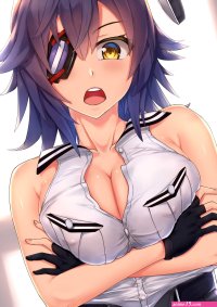 Wallpaper : breast hold cleavage hard nipples eyepatches Kantai Collection no bra open shirt Tenryuu KanColle white background simple background 1447x2047