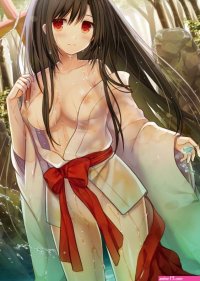 yuuki rika breasts miko nipples no bra nopan see through wet wet clothes