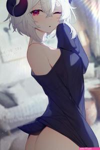 ass white hair red eyes Nanoless demon girls hair between eyes standing looking at viewer short hair open mouth one bare shoulder anime anime girls horns artwork bottomless nopan portrait display watermarked
