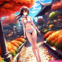 Princess of autumn shirtless pant less bottomless underwear walking at neon garden