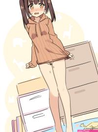 hatsunatsu original highres 1girl barefoot black hair blush bottomless breasts brown eyes brown hoodie chest of drawers drawstring female pubic hair hair ribbon hood hood down hoodie long sleeves medium breasts nose