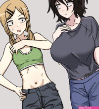 nankyoku gfey8832 asai akira endou saya dagashi kashi yofukashi no uta absurdres commentary highres 2girls black hair blonde hair breast envy breasts creator connection crossover hair ornament hairclip large breasts messy hair