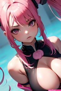 Anime Busty Huge Boobs 80s Age Serious Face Pink Hair Pigtails Hair Style Dark Skin Cyberpunk Party Close Up View T Pose Geisha 3673418529543427442