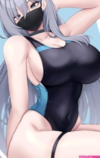 fox girl fox ears long hair big boobs thighs looking at viewer sideboob anime girls anime portrait display swimwear one-piece swimsuit mask