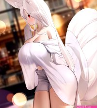 nicorima original absurdres highres animal ear fluff animal ears blue shorts breasts cleavage cowboy shot fox ears fox girl fox tail huge breasts long hair off-shoulder shirt off shoulder red eyes shirt