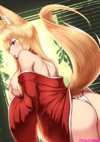 original characters blonde long hair fox girl ass sideboob big boobs Shuugetsu Karasu anime girls animal ears anime tail Japanese clothes thigh-highs panties no bra artwork