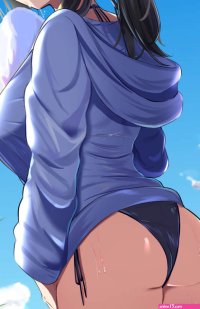 mattyazuki sagisawa fumika idolmaster idolmaster cinderella girls absurdres commentary request highres 1girl arm at side ass black hair black one-piece swimsuit blue eyes blue jacket blue sky breasts cloud day female focus