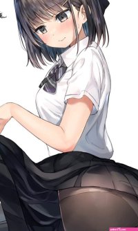 ranf original highres 1girl black skirt blouse clothes lift desk half updo looking down panties panties under pantyhose pantyhose school desk school uniform shirt short hair skirt skirt lift solo standing torn