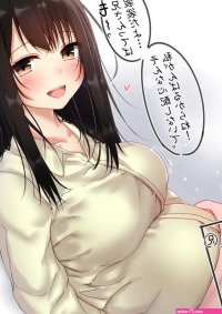 pikacchi original highres translated 1girl black hair blush breasts large breasts long hair looking at viewer orange eyes pregnant solo