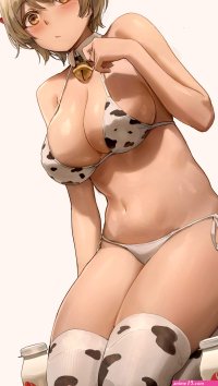 big boobs kneeling belly short hair brunette cowgirl cleavage Yohan1754 anime anime girls digital art artwork 2D portrait display boobs milk simple background white background brown eyes blushing animal ears horns bikini