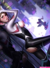 liang xing marvel spiderman gwen stacy miles morales spider-gwen ass bodysuit breasts nipples no bra torn clothes