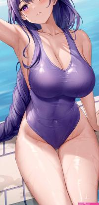 purple hair big boobs thighs wet body long hair armpits cleavage Genshin Impact anime portrait display anime girls Raiden Shogun Genshin Impact purple eyes one-piece swimsuit swimwear water wet blushing