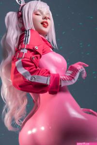 women model cosplay women indoors Shirogane Sama long hair white hair ass indoors latex bodysuit simple background Nikke: The Goddess of Victory Alice Nikke anime anime girls