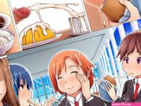 giji eizan highres 3girls blush bowl brown hair censored cum cum in container cum on body cum on food cum on hair cum on upper body cum string cumdrip ejaculation food gokkun