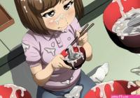 ha ku ronofu jin tagme 1girl bowl brown eyes brown hair cum cum in container cum on body cum on clothes cum on food cum on hair eating facial food gokkun noodles