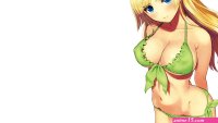 boobs blonde big boobs long hair blue eyes belly curvy looking at viewer anime girls bikini white background simple background anime green bikini green swimwear