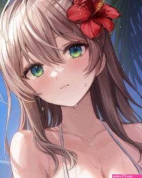 yuna deadawon original absurdres highres 1girl ahoge armpit crease bare shoulders bikini blush breasts brown hair cleavage closed mouth collarbone day flower green eyes hair between eyes hair flower hair ornament halterneck