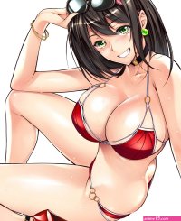 Wallpaper : choker anime girls glasses green eyes sitting high heels white background big boobs bracelets cartoon black hair original characters red bikinis mouth swimwear red shoes muscle chest mangaka 1600x1960 -