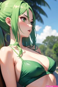 Anime Busty Small Tits 30s Age Angry Face Green Hair Hair Bun Hair Style Light Skin Painting Wedding Side View Plank Bikini 3682173818832853612