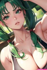 Anime Muscular Huge Boobs 70s Age Serious Face Green Hair Pigtails Hair Style Light Skin Warm Anime Cave Close Up View Working Out Teacher 3675320341093743754