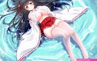 anthropomorphism ayase azur lane azur lane black hair breast hold breasts cameltoe cherry blossoms flowers japanese clothes long hair miko no bra panties petals qian hen red eyes see through skirt skirt