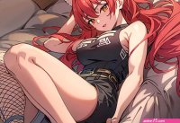 a sexy anime girl with red hair showing her pussy in a sexy position