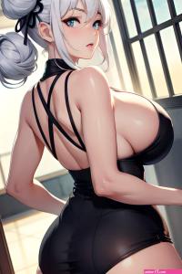 Anime Busty Huge Boobs 50s Age Sad Face White Hair Hair Bun Hair Style Light Skin Warm Anime Prison Back View Spreading Legs Schoolgirl 3666599838567022316