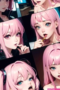 Anime Busty Small Tits 70s Age Ahegao Face Pink Hair Bangs Hair Style Light Skin Cyberpunk Car Close Up View Eating Nude 3673921040747397149