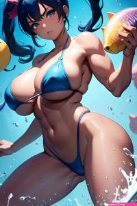 Anime Muscular Huge Boobs 30s Age Angry Face Blue Hair Pigtails Hair Style Dark Skin Comic Underwater Front View Spreading Legs Bikini 3666387239830509382