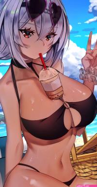big boobs short hair red eyes ocean view black bikinis drinking anime girls Azur Lane Sirius Azur Lane anime silver hair bikini