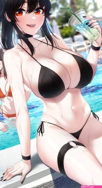 big boobs red eyes huge breasts cleavage Akchu anime anime girls bikini drink water swimming pool black bikinis artwork