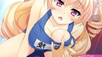 artist request character request copyright request game cg 1boy 1girl bare shoulders breasts cleavage competition swimsuit drill hair girl on top grabbing another039s breast groping hetero large breasts one-piece swimsuit sitting...
