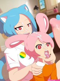 jlullaby anais watterson nicole watterson richard watterson the amazing world of gumball highres 1boy 2girls age difference bisexual female blue hair cat girl cum cum on body facial father and daughter fellatio