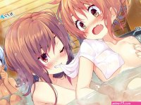 bath blue hair blush breast grab brown eyes brown hair chiri atlanta dark skin long hair nude red eyes short hair towel water wet wink yuri