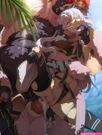 NSFW oppai hentai gaming porn of Monster Hunter World big tits girl hunter raped from behind by horny monster cock in game sex art.
