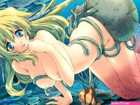 animal blonde hair blue eyes breasts fish logo long hair mermaid mizunezumi nipples nude tentacles water wet