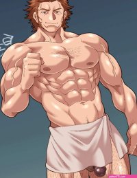 shirako kirupi deliford granblue fantasy revision 1boy abs bara brown hair chest hair feet out of frame flaccid large pectorals leg hair long sideburns looking at viewer male focus mature male muscular