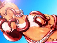 machino henmaru 1girl ass bestiality blue eyes blush breasts consensual tentacles dutch angle feet out of frame grabbing another039s breast groping happy happy sex large breasts looking back medium breasts nude octopus