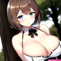 Blue Eyes Breasts Brown Hair Cleavage Large Breasts Short Hair Skirt Maya Kancolle 1girl Alternate Costume Arms Behind Back Blac 2994368529