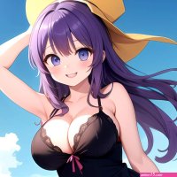 Yumi Senran Kagura 1girl Blue Eyes Breasts Cleavage Large Breasts Looking At Viewer Medium Breasts Paizuri Purple Hair Smile Upp 2203097397