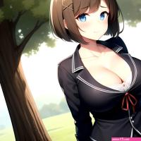Blue Eyes Breasts Brown Hair Cleavage Large Breasts Short Hair Skirt Maya Kancolle 1girl Alternate Costume Arms Behind Back Blac 3858961793
