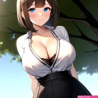 Blue Eyes Breasts Brown Hair Cleavage Large Breasts Short Hair Skirt Maya Kancolle 1girl Alternate Costume Arms Behind Back Blac 1929248550